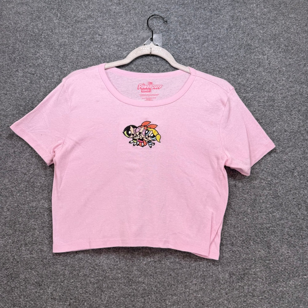 Cartoon Network Powerpuff Girls Tshirt Womens Large Pink Cropped Baby Tee Y2K